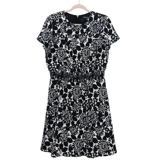 Brooks Brothers Black White Floral Print Dress Smocked Waist Pockets - Picture 1 of 10